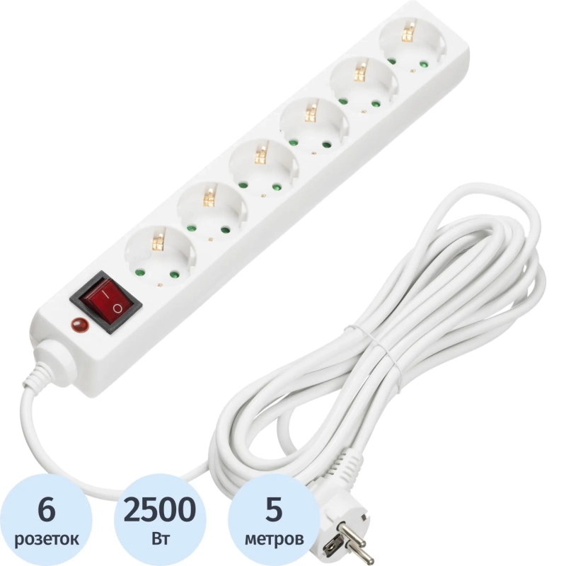 Сетевой фильтр BigTech CD6-5W1 (6р/5м/10А/2500Вт 1мм 2500Вт белый)