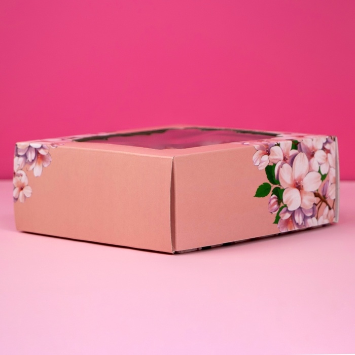 Коробка самосборная, крышка-дно, с окном, Коробка самосборная, крышка-дно, с окном,"Пусть в твоём сердце всегда будет весна" 14,5 х 14