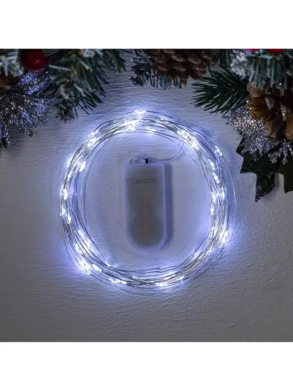 Гирлянда &laquo;Нить&raquo; 5 м роса, IP20, серебристая нить, 50 LED, батарейки CR2032&times;2 (в комплекте), свечение белое