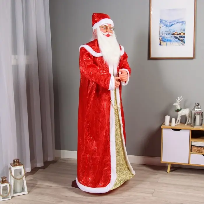 Дед Мороз музыкальный ростовая кукла «Зимнее волшебство. В длинной шубе с цепочками», двигается, красный, 180 см