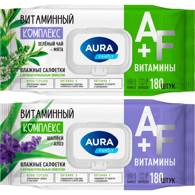 Салфетки влажные AURA FAMILY с антибактериальным эффектом с крышкой 180шт