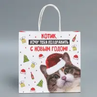 Пакет подарочный новогодний крафтовый &laquo;Котик&raquo;, 22&times;22&times;11 см