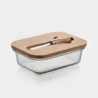 Маслёнка, 17.4&times;13&times;6.5 см, с бамбуковой крышкой-подставкой и ножом, стекло, прозрачная