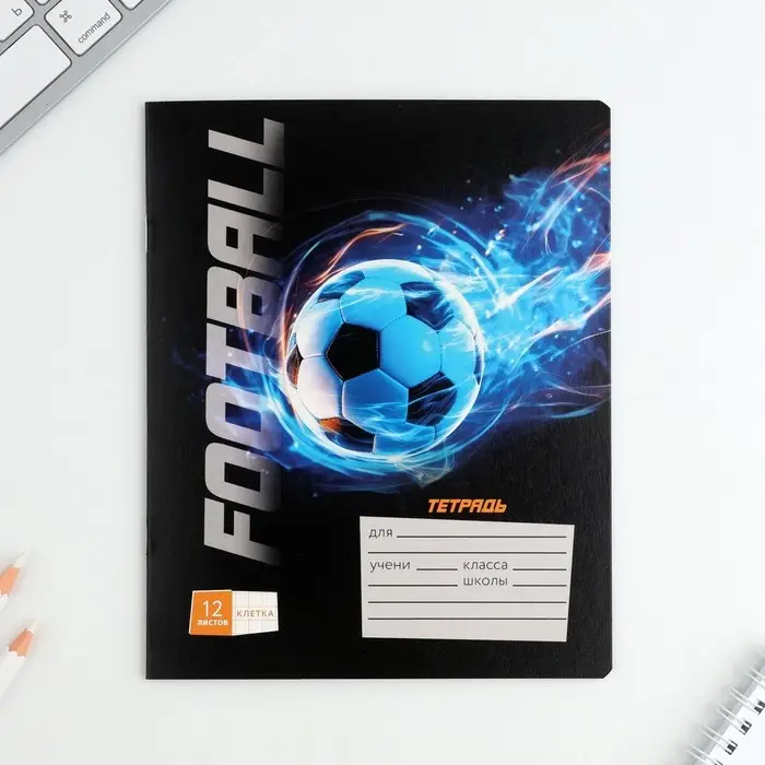 Тетрадь в клетку 12 листов А5, на скрепке &laquo;Футбол&raquo;, обложка мелованный картон, блок №1 белизна 96%, 5 видов МИКС