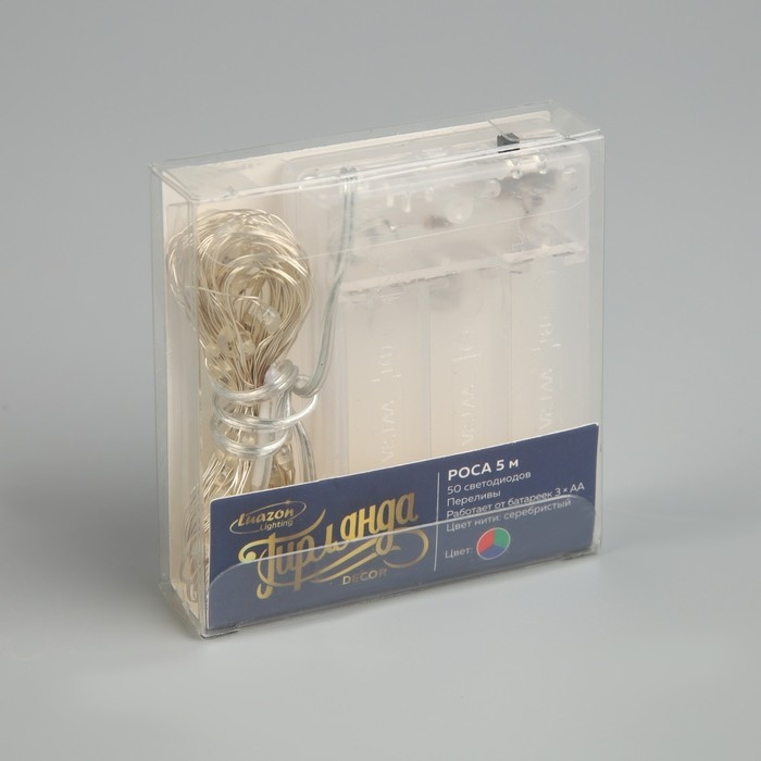 Гирлянда «Нить» 5 м роса, IP20, серебристая нить, 50 LED, переливы, батарейки AAх3 (нет в комплекте), свечение мульти (RGB) Гирлянда «Нить» 5 м роса, IP20, серебристая нить, 50 LED, переливы, батарейки AAх3 (нет в комплекте), свечение мульти (RGB)