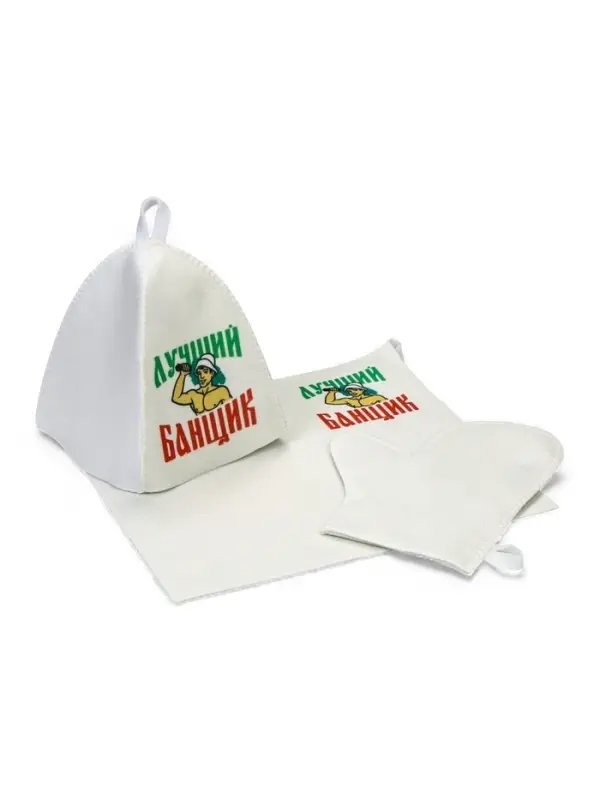 Набор для бани с принтом &laquo;Самому лучшему банщику&raquo;, 3 предмета: шапка, коврик, рукавица, полиэфир, светлый, &laquo;Банная забава&raquo;