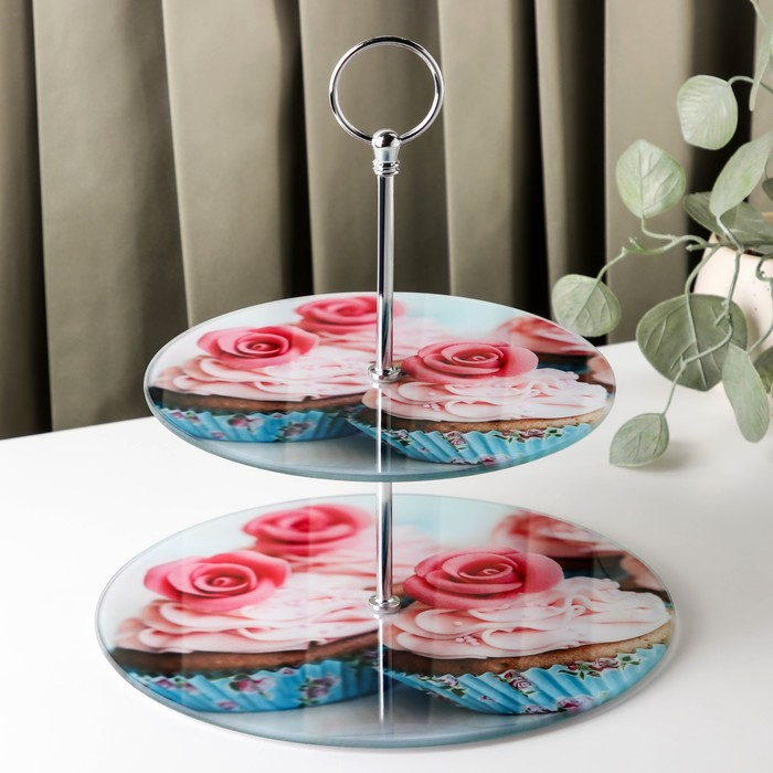 Этажёрка - фруктовница круглая Доляна «Маффин», 2 яруса, d=25/20 см, стекло