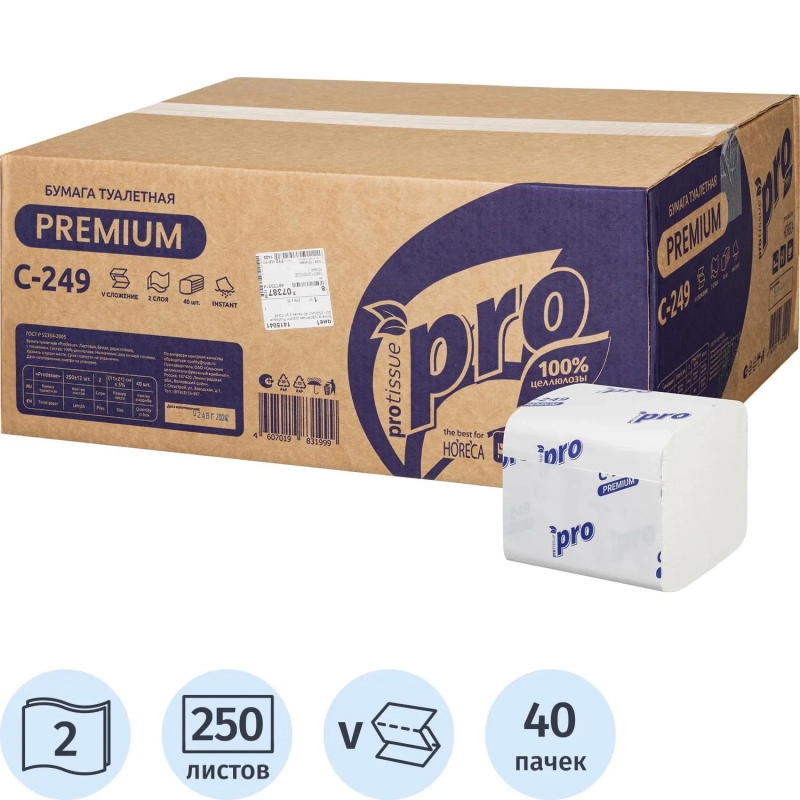 Бумага туалетная д/дисп Protissue 2сл белая цел 250л/пач 40пач/кор_С249