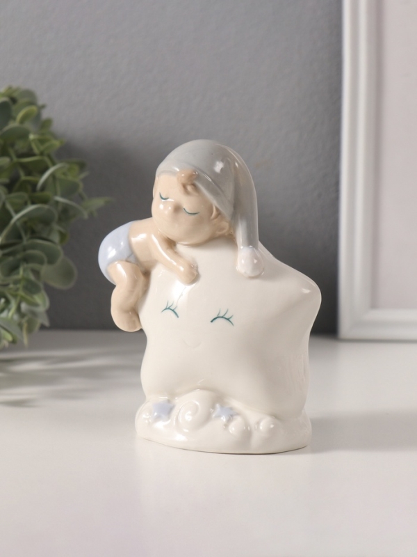 Сувенир керамика свет "Малыш в голубом колпаке на звёздочке" 6х10,5х12,5 см