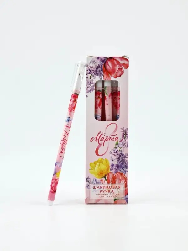 Ручка пластик с колпачком Ручка пластик с колпачком "8 Марта", синяя паста 0.5 мм
