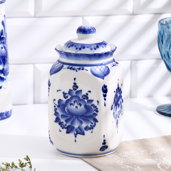 Банка &laquo;Каскад&raquo;, для сыпучих продуктов, средняя, 1,25 л, H=19,5 см, гжель