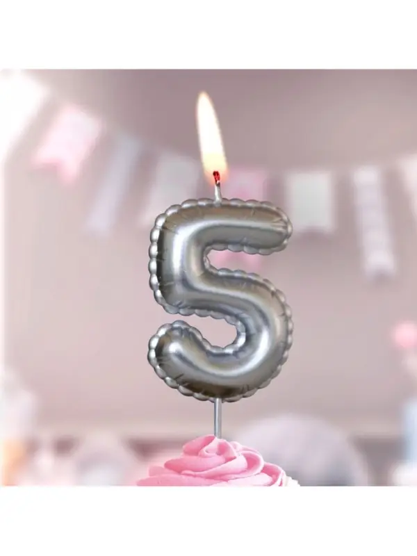 Свеча в торт на шпажке "Воздушая цифра", цифра "5", серебро