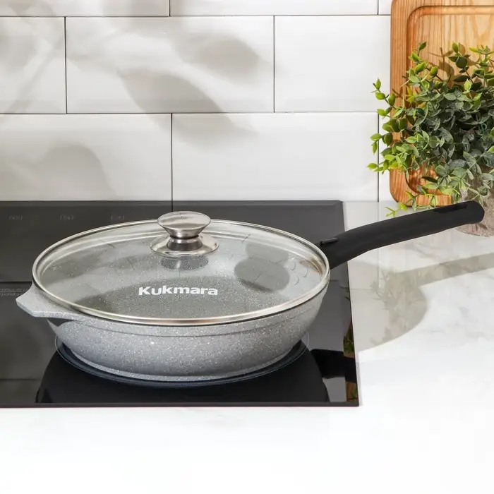 Сковорода KUKMARA &laquo;Мраморная&raquo;, d=24 см, съёмная ручка, стеклянная крышка, антипригарное покрытие, литой алюминий, серая