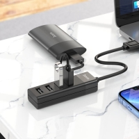 Адаптер Hoco HB25, 4 в 1, USB to USB3.0/USB2.0*3, длина кабеля 30 см, чёрный