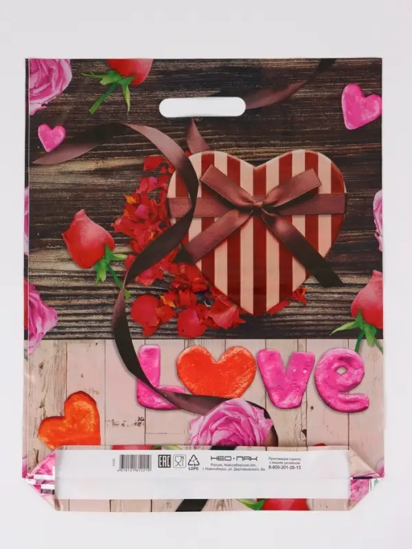Пакет Пакет "Сердечки, полиэтиленовый с вырубной ручкой 38х47 см, 60 мкм