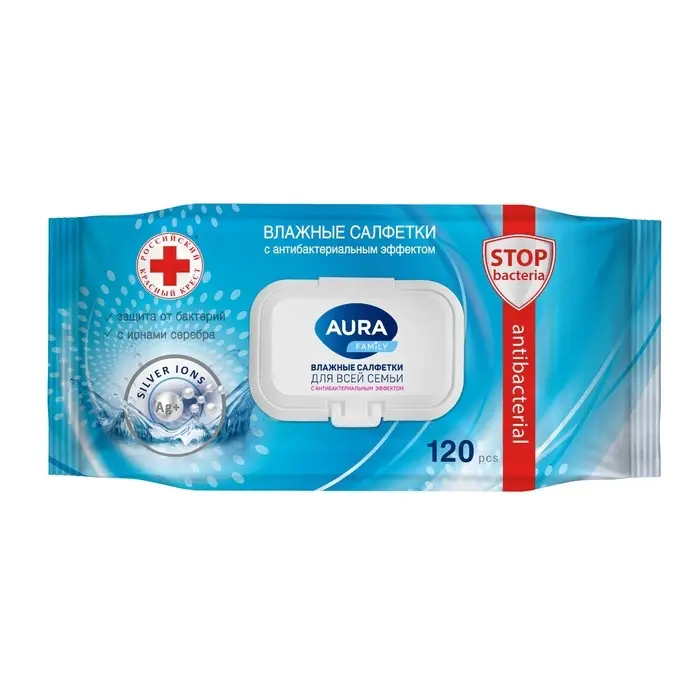 Влажные салфетки AURA FAMILY, для всей семьи, с антибактериальным эффектом 120 шт.