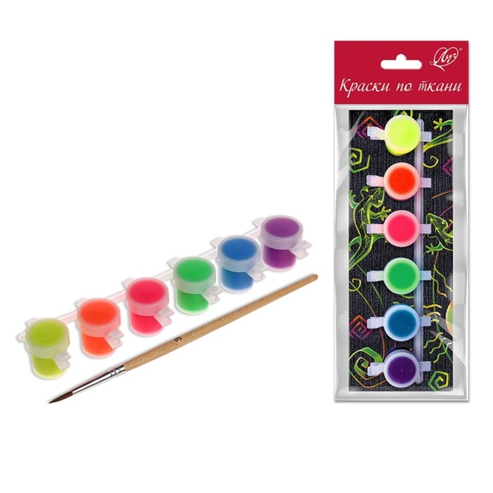 Краска по ткани, набор 6 цветов х 5 мл, Луч, флуоресцентная, акриловая на водной основе, с кистью Краска по ткани, набор 6 цветов х 5 мл, Луч, флуоресцентная, акриловая на водной основе, с кистью