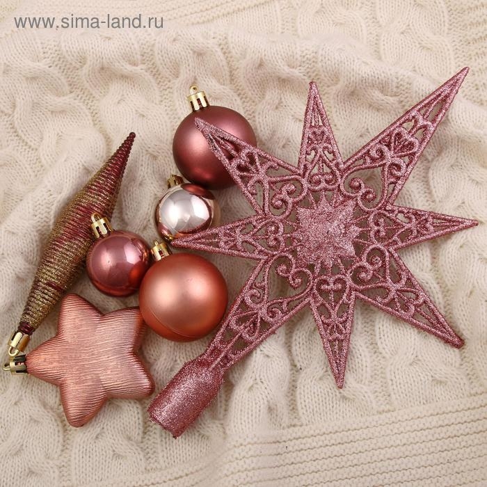 Набор украшений пластик с верхушкой 43 шт Набор украшений пластик с верхушкой 43 шт "Глория 2" (32 шара, 4 сосульки, 6 звёзд)