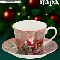 Чайная пара новогодняя &laquo;Ночь чудес&raquo;, 2 предмета: чашка 250 мл, блюдце d=15 см, керамика, подарочная упаковка, разноцветная