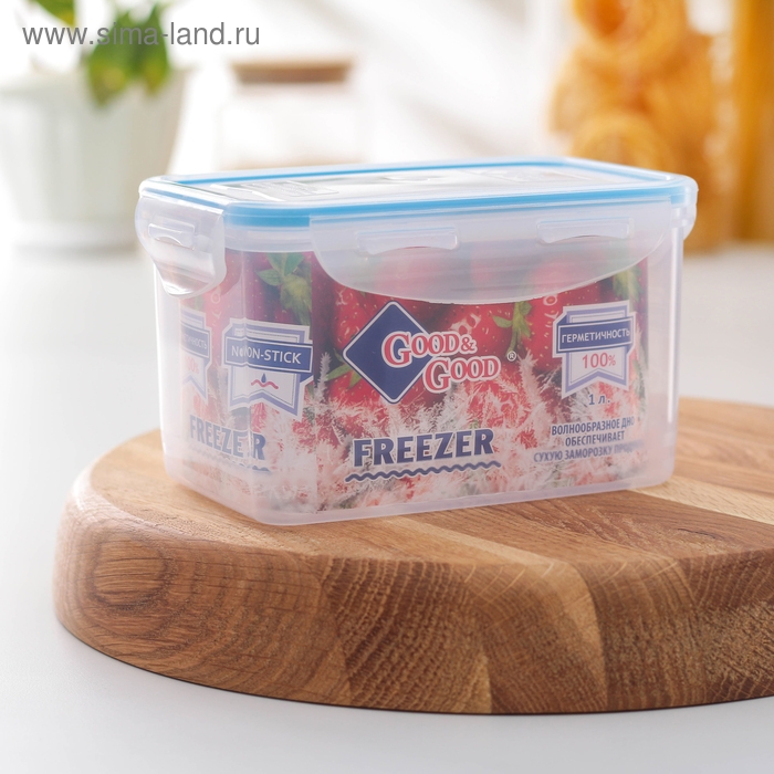 Контейнер пищевой Good & Good, 1 л, с герметичной крышкой, пластик, крышка голубая Контейнер пищевой Good & Good, 1 л, с герметичной крышкой, пластик, крышка голубая