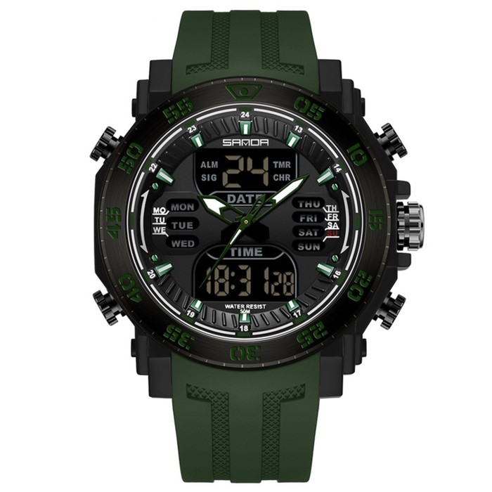 Часы наручные электронные, d-5.3,  будильник, календарь подсвтека, ремешок силикон, зеленые   985523