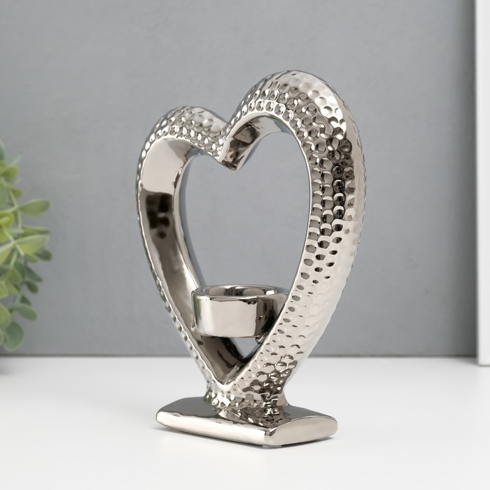 Подсвечник керамика на 1 свечу  Подсвечник керамика на 1 свечу "Сердце на подставке" d=4 см серебро 17х5,5х19,5 см