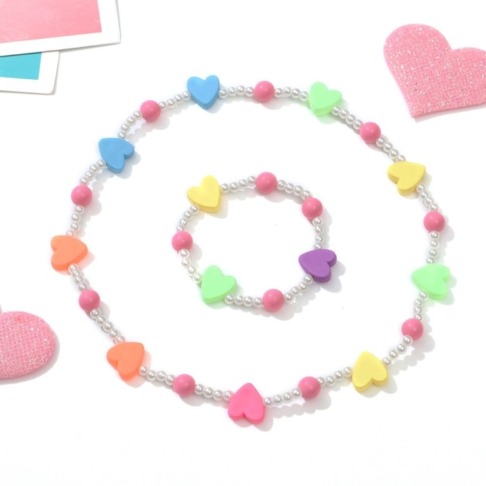 Набор детский «Выбражулька» 2 предмета: бусы, браслет, сердечки, цветной Набор детский «Выбражулька» 2 предмета: бусы, браслет, сердечки, цветной