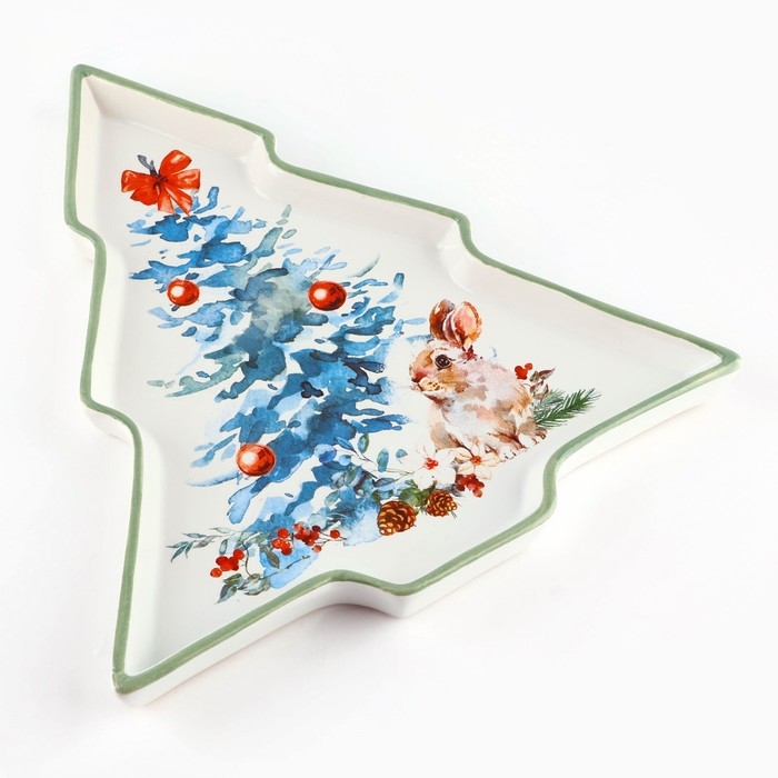 Новый год! Блюдо новогоднее керамическое «Зайка», 23х22х2 см, цвет белый