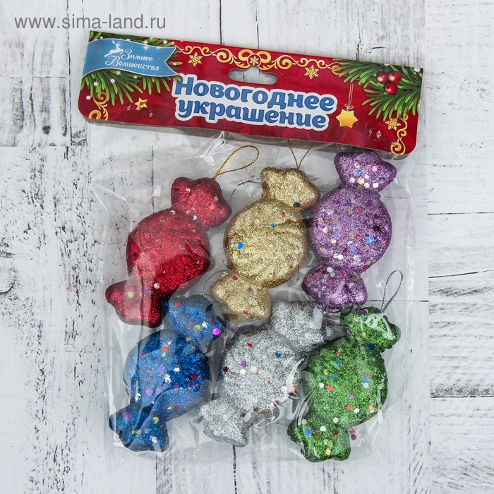 Ёлочная игрушка Ёлочная игрушка "Конфеты с блёстками" (набор 6 шт) 3,5х7,5 см, МИКС