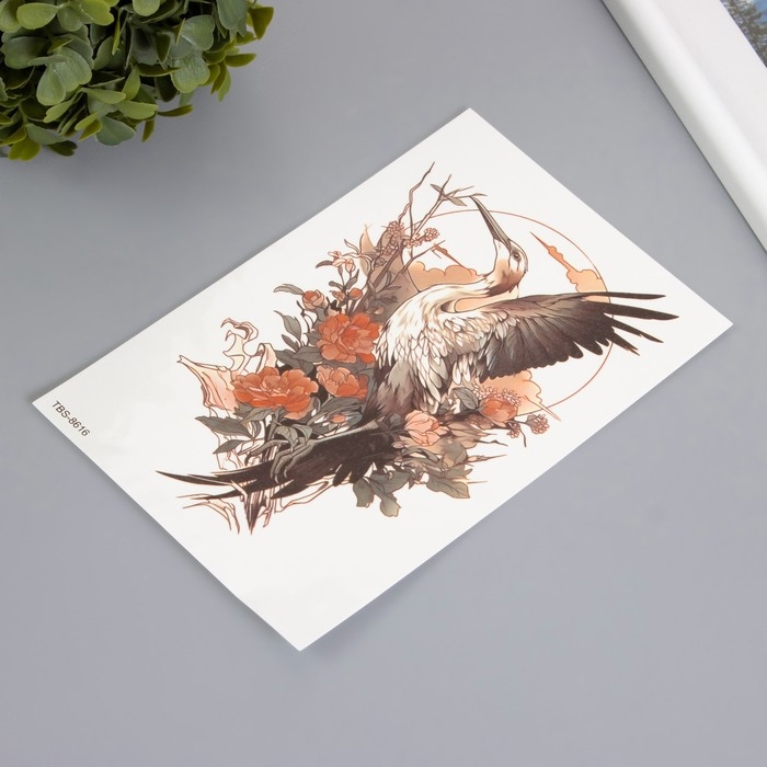 Татуировка на тело цветная Татуировка на тело цветная "Аист в цветах" 12х19 см