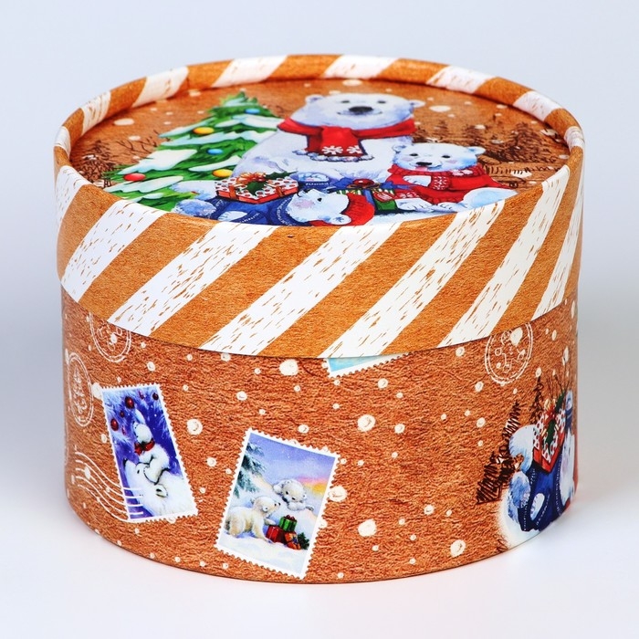Новый год. Коробка подарочная новогодняя для макарун тубус без окна Новый год. Коробка подарочная новогодняя для макарун тубус без окна "Мишки", 12 х 8 см.