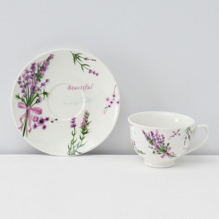 Сервиз фарфоровый кофейный Доляна «Лаванда», 12 предметов: 6 чашек 80 мл, 6 блюдец d=11,5 см, цвет белый