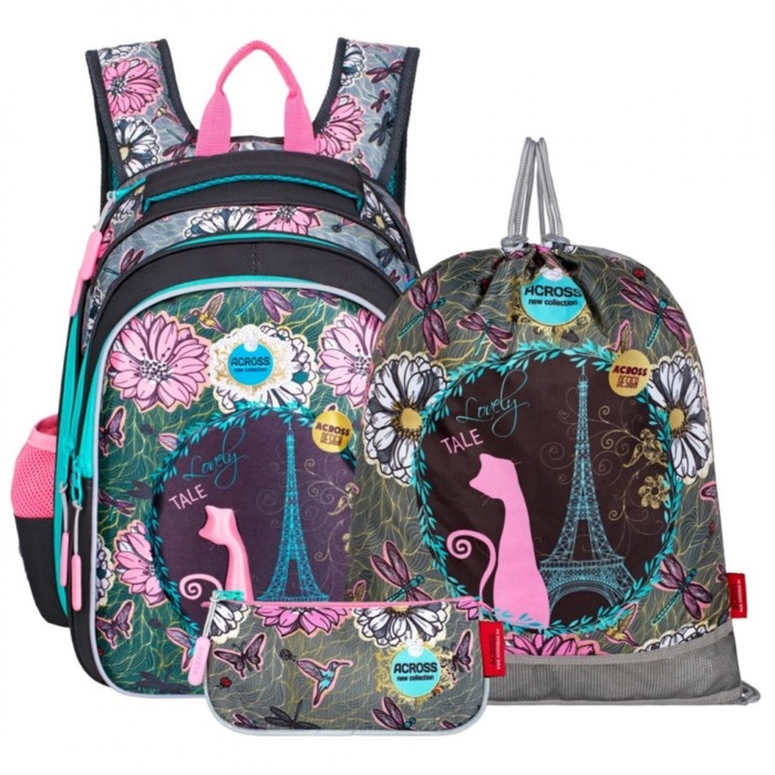 Рюкзак каркасный 39 х 29 х 17 см, Across 410, наполнение: мешок, пенал, серый/розовый ACR22-410-13 Рюкзак каркасный 39 х 29 х 17 см, Across 410, наполнение: мешок, пенал, серый/розовый ACR22-410-13