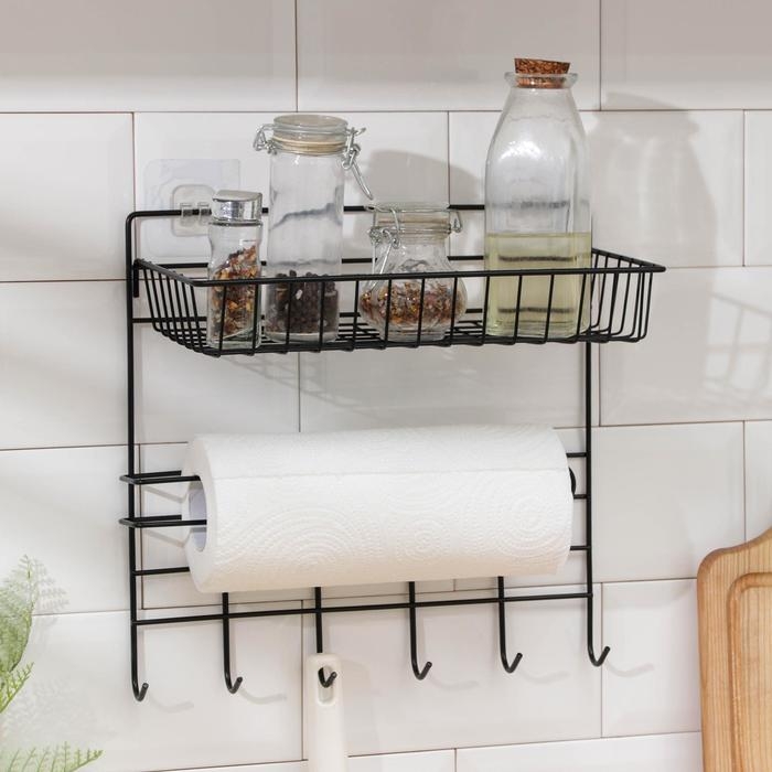 Полка с держателем для полотенец Доляна, 6 крючков, цвет чёрный Полка с держателем для полотенец Доляна, 6 крючков, цвет чёрный