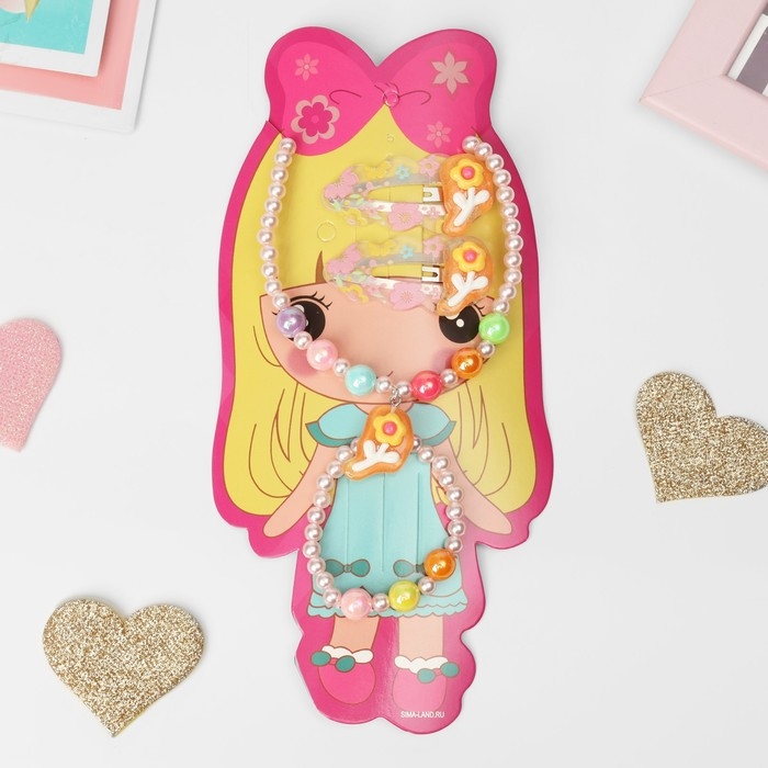 Комплект детский «Выбражулька» 4 предмета: 2 заколки, кулон, браслет, цветы, цветной Комплект детский «Выбражулька» 4 предмета: 2 заколки, кулон, браслет, цветы, цветной