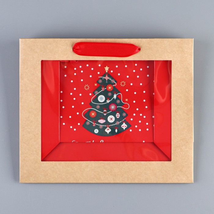 Пакет подарочный новогодний крафтовый с пластиковым окном «Новогодняя ёлка», 24 х 20 х 11см Пакет подарочный новогодний крафтовый с пластиковым окном «Новогодняя ёлка», 24 х 20 х 11см