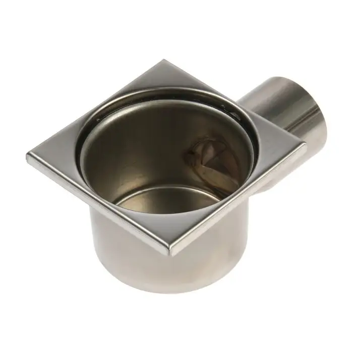 Трап ZEIN engr, 100&times;100 мм, горизонтальный, d=50 мм, угловой выпуск, нержавеющая сталь