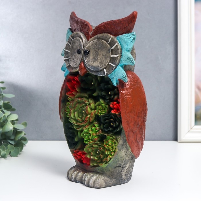 Сувенир полистоун свет Сувенир полистоун свет "Филин с суккулентами" от солнечной батареи 26,5х15,5 см