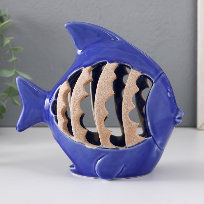 Подсвечник керамика на 1 свечу  Подсвечник керамика на 1 свечу "Рыбка с узорами" синий 15,7х8,8х14,3 см