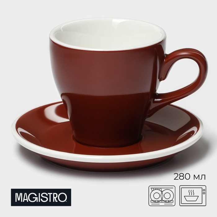 Кофейная пара фарфоровая Magistro Coffee time, 2 предмета: чашка 280 мл, блюдце d=15,5 см, цвет коричневый Кофейная пара фарфоровая Magistro Coffee time, 2 предмета: чашка 280 мл, блюдце d=15,5 см, цвет коричневый