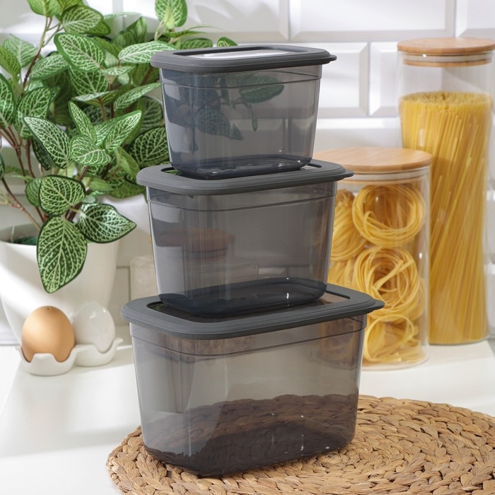 Набор ёмкостей для сыпучих продуктов «Респект», 3 шт, 0,8 л, 1,3 л, 2,3 л, прозрачные, крышка серая