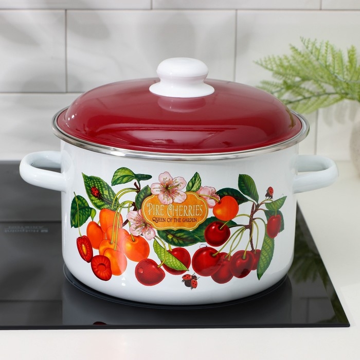 Кастрюля эмалированная «Черешня», 5.5 л, индукция, цвет белый Кастрюля эмалированная «Черешня», 5.5 л, индукция, цвет белый