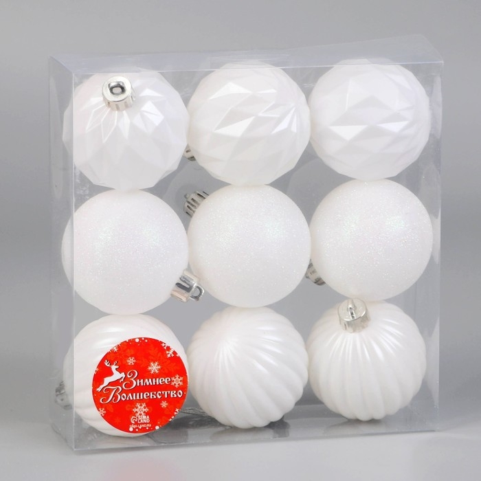 Ёлочные игрушки, шары новогодние , пластик, набор d-6 см, 9 шт Ёлочные игрушки, шары новогодние , пластик, набор d-6 см, 9 шт "Перл" грани, белый