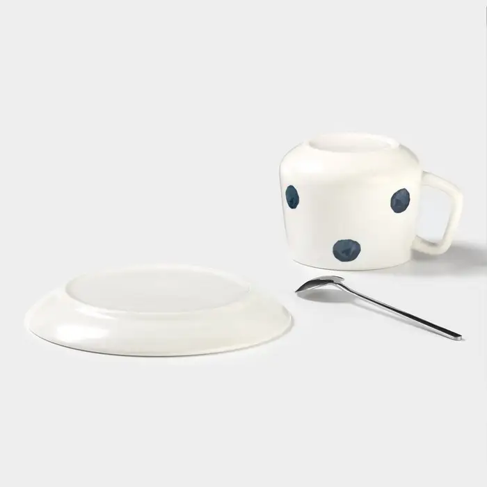 Чайная пара &laquo;Горошек&raquo;, 220 мл, с ложкой, блюдце d=15, кружка 9.5&times;7.5&times;7 см, керамика, белая