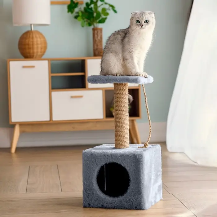 Домик для животных с когтеточкой, 32&times;32&times;64 см, с полкой, джут, серый