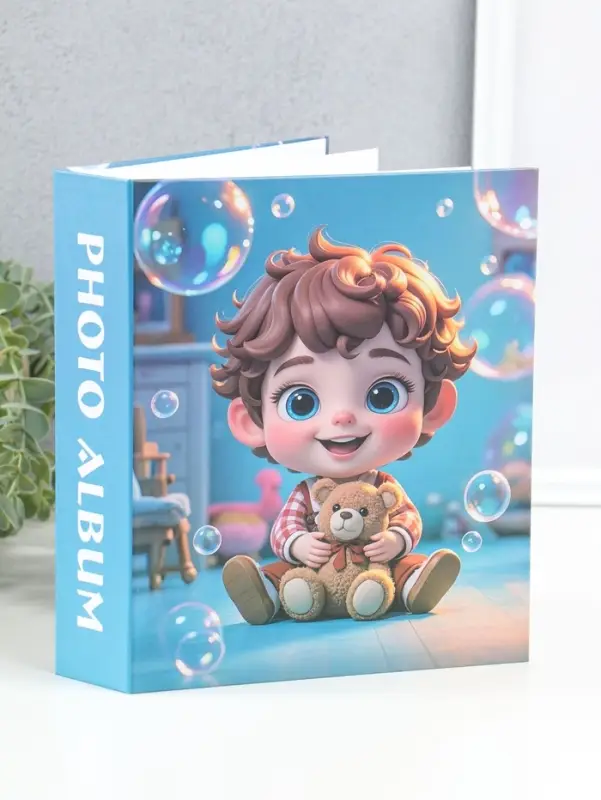 Фотоальбом на 80 фото 10х15 см "Мальчик в клетчатой рубашке с мишкой" в коробке 5х19х22,8 см   10962