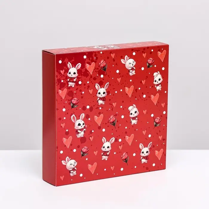 Коробка под 16 конфет, красная «Зайки» 17.7×17.7×3.8 см