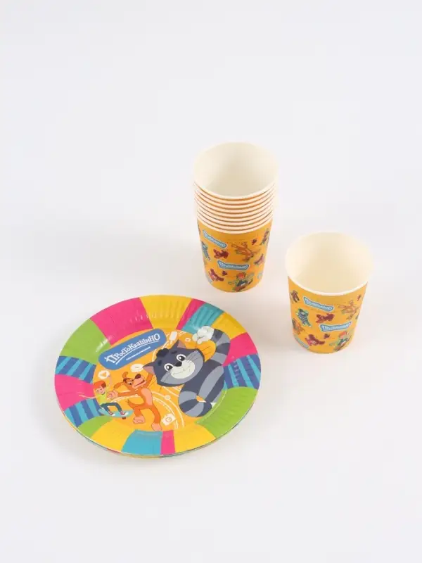 Посуда одноразовая бумажная на 10 персон «Простоквашино»: стаканы, тарелки, скатерть, Союзмультфильм Посуда одноразовая бумажная на 10 персон «Простоквашино»: стаканы, тарелки, скатерть, Союзмультфильм