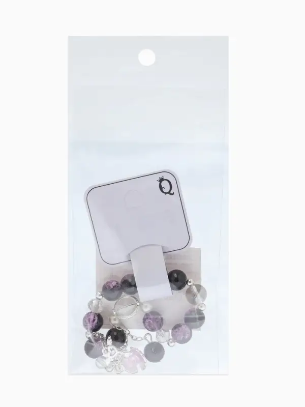 Браслет с подвесками "Сахарный" ракушка, шар №10/8, цвет чёрно-фиолтеовый в серебре