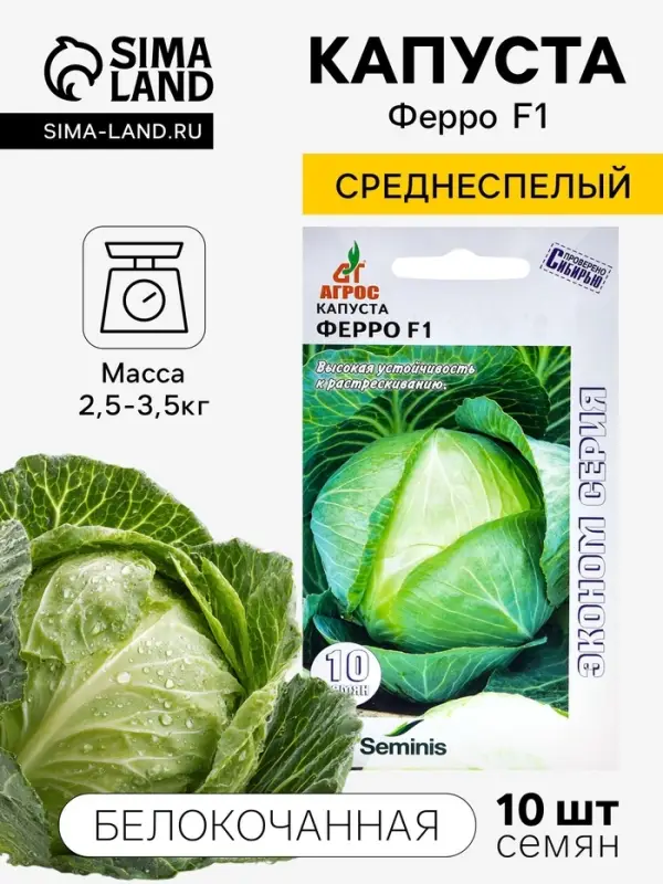 Семена Капуста белокочанная &laquo;Ферро&raquo;, F1, 10 шт., &laquo;Агрос&raquo;